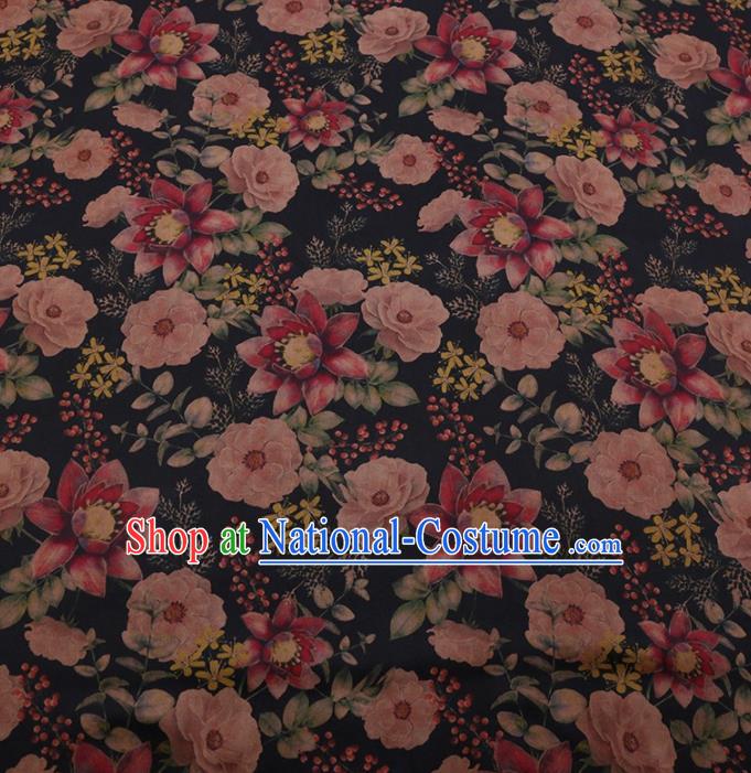 Traditional Chinese Classical Camellia Pattern Design Black Satin Watered Gauze Brocade Fabric Asian Silk Fabric Material