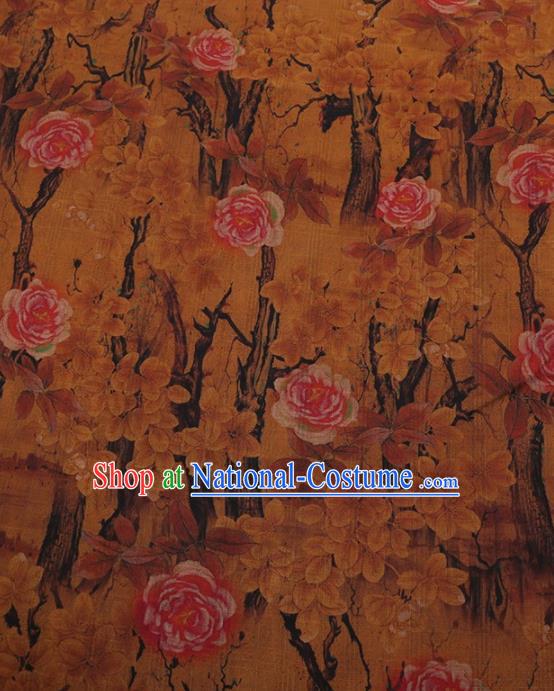 Traditional Chinese Classical Camellia Pattern Design Yellow Satin Watered Gauze Brocade Fabric Asian Silk Fabric Material