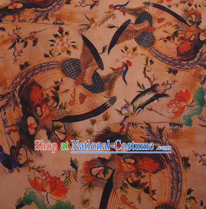 Traditional Chinese Classical Phoenix Lotus Pattern Design Khaki Satin Watered Gauze Brocade Fabric Asian Silk Fabric Material