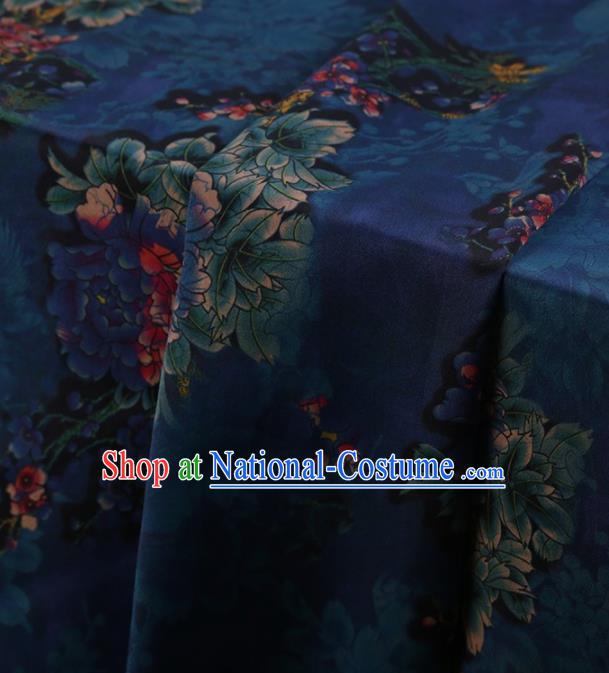 Traditional Chinese Classical Peony Pattern Design Deep Blue Satin Watered Gauze Brocade Fabric Asian Silk Fabric Material