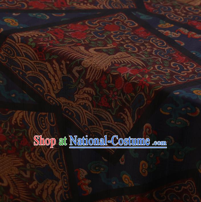 Traditional Chinese Classical Cranes Pattern Design Navy Satin Watered Gauze Brocade Fabric Asian Silk Fabric Material