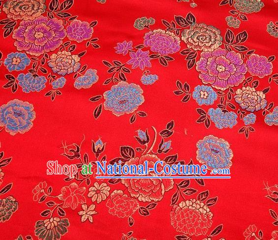 Chinese Classical Peony Pattern Design Red Brocade Asian Traditional Hanfu Silk Fabric Tang Suit Fabric Material