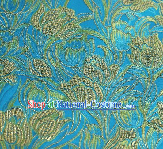 Chinese Classical Tulip Pattern Design Blue Brocade Asian Traditional Hanfu Silk Fabric Tang Suit Fabric Material