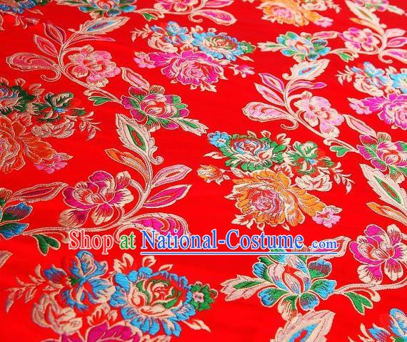 Chinese Classical Colorful Peony Pattern Design Red Brocade Asian Traditional Hanfu Silk Fabric Tang Suit Fabric Material