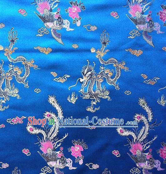 Chinese Classical Dragon Phoenix Pattern Design Blue Brocade Asian Traditional Hanfu Silk Fabric Tang Suit Fabric Material