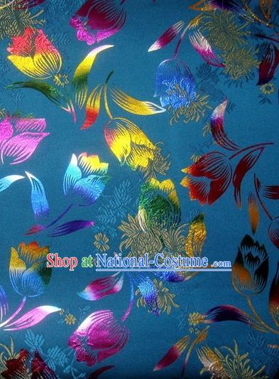 Chinese Classical Gilding Tulip Pattern Design Blue Brocade Asian Traditional Hanfu Silk Fabric Tang Suit Fabric Material