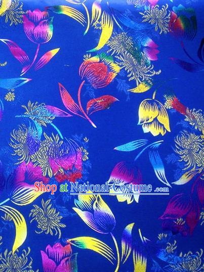 Chinese Classical Gilding Tulip Pattern Design Royalblue Brocade Asian Traditional Hanfu Silk Fabric Tang Suit Fabric Material