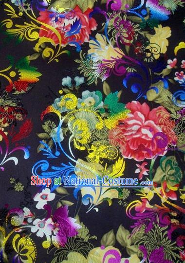 Chinese Classical Gilding Peony Pattern Design Black Brocade Asian Traditional Hanfu Silk Fabric Tang Suit Fabric Material