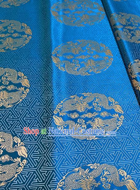 Chinese Classical Round Dragons Pattern Design Blue Brocade Asian Traditional Tibetan Robe Silk Fabric Tang Suit Fabric Material