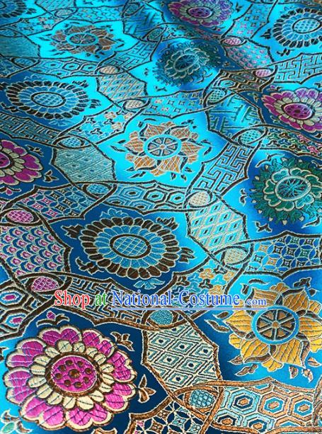 Chinese Classical Galsang Flower Pattern Design Blue Brocade Drapery Asian Traditional Tang Suit Silk Fabric Material