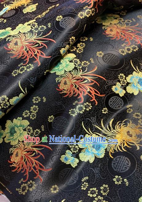 Chinese Classical Chrysanthemum Peony Pattern Design Black Brocade Drapery Asian Traditional Tang Suit Silk Fabric Material