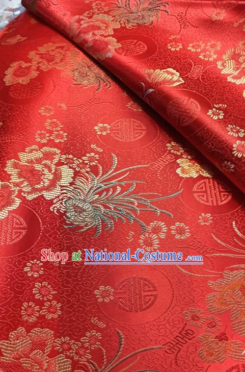 Chinese Classical Chrysanthemum Peony Pattern Design Red Brocade Drapery Asian Traditional Tang Suit Silk Fabric Material