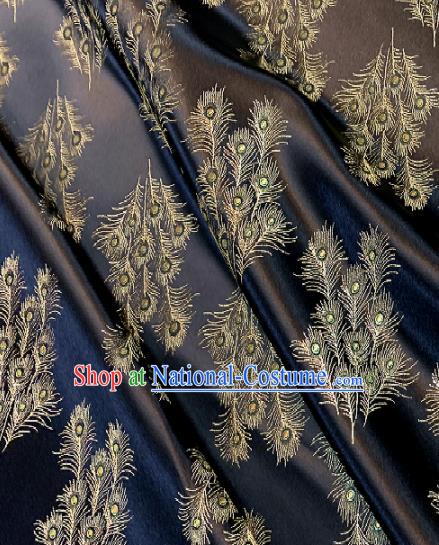 Chinese Classical Satin Feather Pattern Design Black Brocade Drapery Asian Traditional Tang Suit Silk Fabric Material