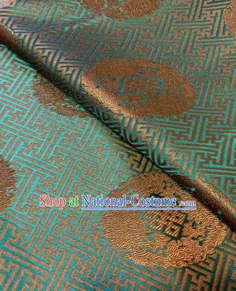 Chinese Classical Green Satin Traditional Longevity Chrysanthemum Pattern Design Brocade Drapery Asian Tang Suit Silk Fabric Material