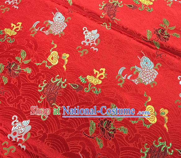 Traditional Chinese Classical Carps Pattern Design Fabric Red Brocade Tang Suit Satin Drapery Asian Silk Material