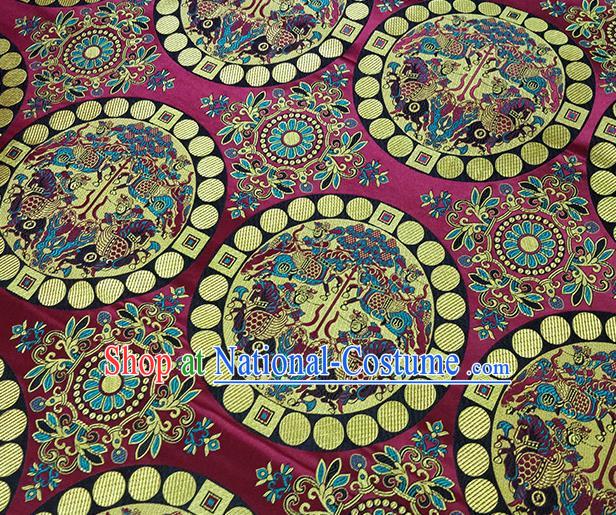 Traditional Chinese Classical Fishes Pattern Design Fabric Wine Red Brocade Tang Suit Satin Drapery Asian Silk Material