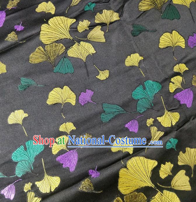 Traditional Chinese Classical Ginkgo Leaf Pattern Design Fabric Black Brocade Tang Suit Satin Drapery Asian Silk Material