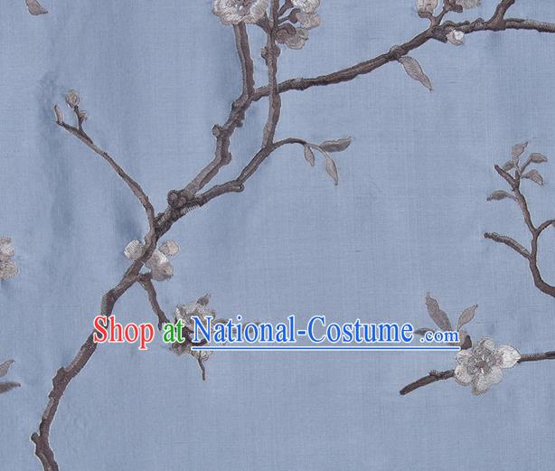 Traditional Chinese Classical Embroidered Plum Blossom Pattern Design Fabric Light Blue Brocade Tang Suit Satin Drapery Asian Silk Material