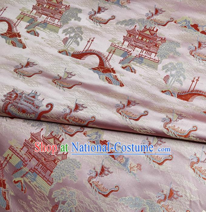 Traditional Chinese Classical Dragon Boat Pattern Design Fabric Pink Brocade Tang Suit Satin Drapery Asian Silk Material