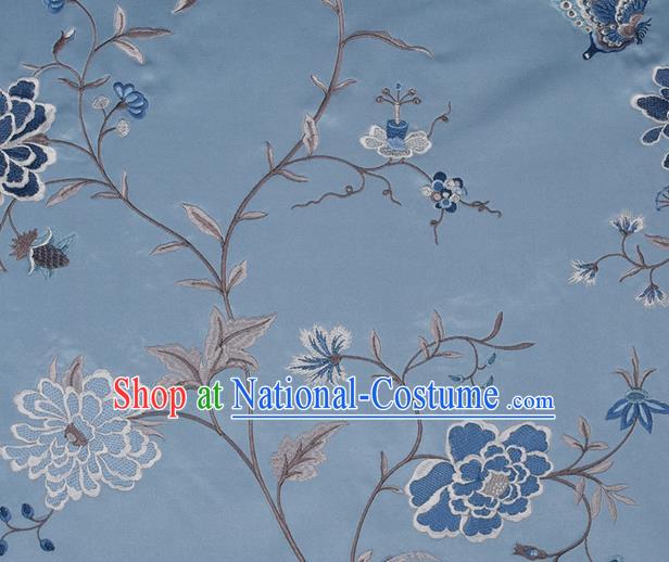 Traditional Chinese Classical Embroidered Peony Pattern Design Fabric Blue Brocade Tang Suit Satin Drapery Asian Silk Material