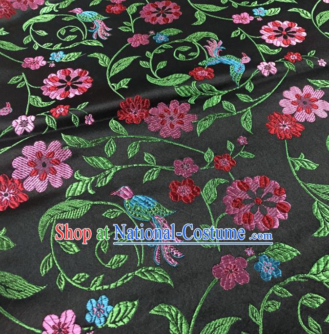 Traditional Chinese Classical Flowers Pattern Design Fabric Black Brocade Tang Suit Satin Drapery Asian Silk Material