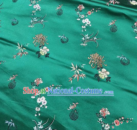 Traditional Chinese Classical Plum Orchid Bamboo Chrysanthemum Pattern Design Fabric Green Brocade Tang Suit Satin Drapery Asian Silk Material