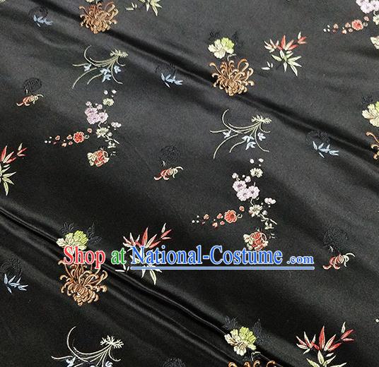 Traditional Chinese Classical Plum Orchid Bamboo Chrysanthemum Pattern Design Fabric Black Brocade Tang Suit Satin Drapery Asian Silk Material