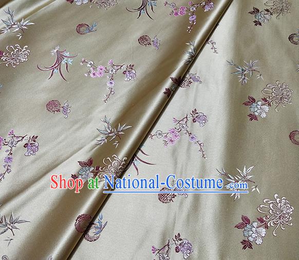 Traditional Chinese Classical Plum Orchid Bamboo Chrysanthemum Pattern Design Fabric Light Golden Brocade Tang Suit Satin Drapery Asian Silk Material