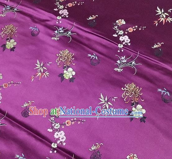 Traditional Chinese Classical Plum Orchid Bamboo Chrysanthemum Pattern Design Fabric Purple Brocade Tang Suit Satin Drapery Asian Silk Material