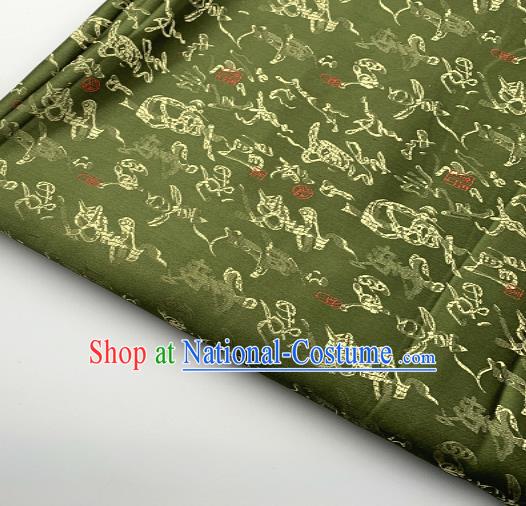 Chinese Traditional Cursive Pattern Design Olive Green Brocade Classical Satin Drapery Asian Tang Suit Silk Fabric Material