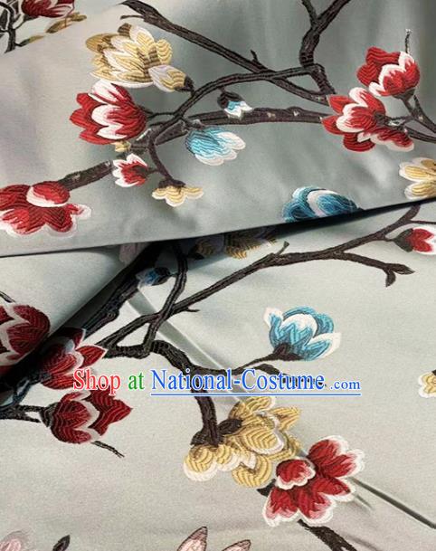 Traditional Chinese Classical Peach Blossom Pattern Design Light Blue Brocade Satin Drapery Asian Tang Suit Silk Fabric Material