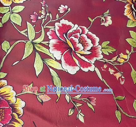 Traditional Chinese Classical Peony Pattern Design Wedding Brocade Wine Red Satin Drapery Asian Tang Suit Silk Fabric Material