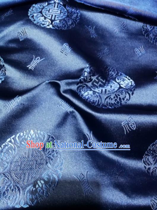 Asian Chinese Classical Longevity Pattern Design Navy Brocade Fabric Traditional Tang Suit Satin Drapery Silk Material