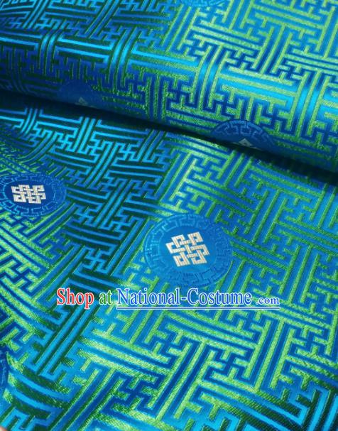 Asian Chinese Classical Lucky Knots Pattern Design Blue Brocade Fabric Traditional Tang Suit Satin Drapery Silk Material