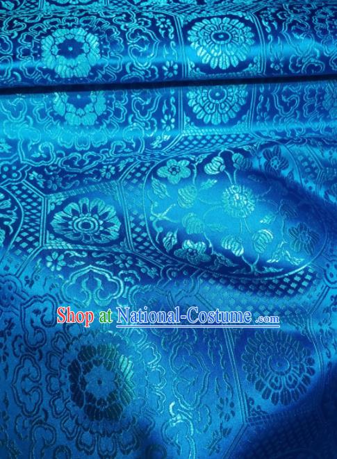 Asian Chinese Classical Galsang Flowers Pattern Design Blue Brocade Fabric Traditional Tang Suit Satin Drapery Silk Material