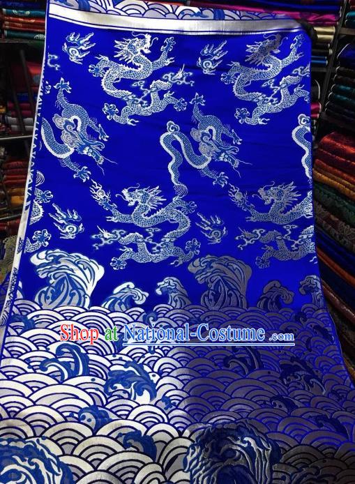 Asian Chinese Royal Wave Dragon Pattern Design Royalblue Brocade Fabric Traditional Tang Suit Satin Classical Drapery Silk Material