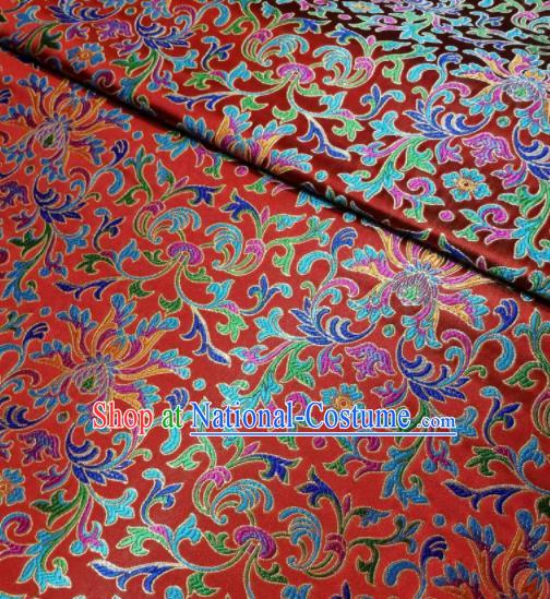 Asian Chinese Royal Colorful Chrysanthemum Pattern Design Red Brocade Fabric Traditional Tang Suit Satin Classical Drapery Silk Material