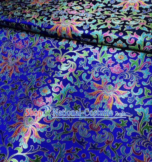 Asian Chinese Royal Colorful Chrysanthemum Pattern Design Royalblue Brocade Fabric Traditional Tang Suit Satin Classical Drapery Silk Material