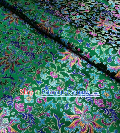 Asian Chinese Royal Colorful Chrysanthemum Pattern Design Green Brocade Fabric Traditional Tang Suit Satin Classical Drapery Silk Material