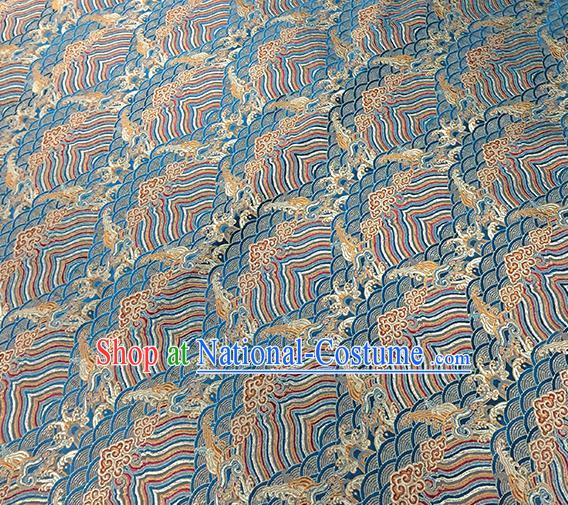 Traditional Chinese Classical Waves Pattern Design Fabric Blue Brocade Tang Suit Satin Drapery Asian Silk Material