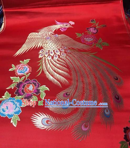 Asian Chinese Wedding Red Satin Classical Phoenix Pattern Design Brocade Mongolian Robe Fabric Traditional Drapery Silk Material