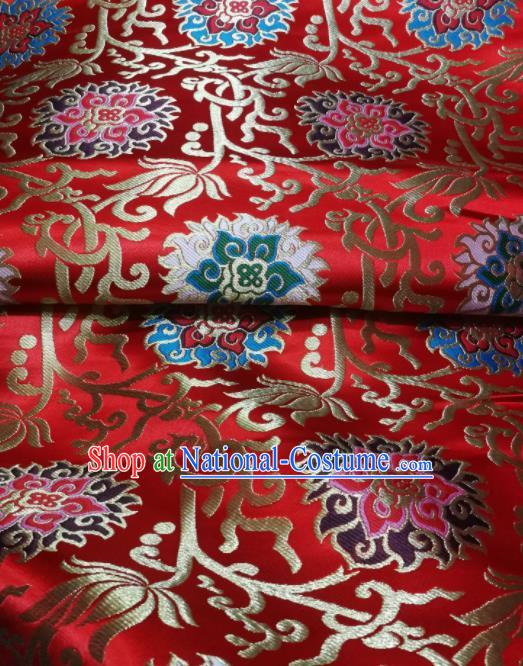 Asian Chinese Wedding Red Satin Classical Lotus Pattern Design Brocade Mongolian Robe Fabric Traditional Drapery Silk Material