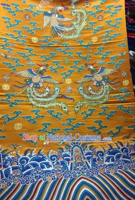 Asian Chinese Golden Satin Classical Phoenix Pattern Design Brocade Wedding Dress Fabric Traditional Drapery Silk Material