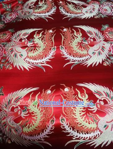 Asian Chinese Dress Beige Satin Classical Phoenix Pattern Design Red Brocade Fabric Traditional Drapery Silk Material