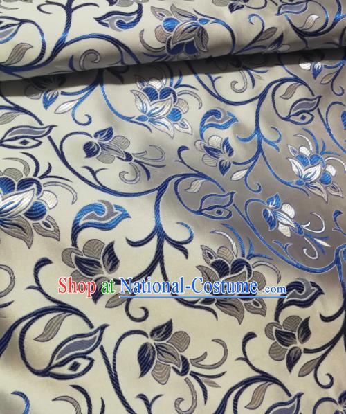 Asian Chinese White Satin Classical Timbo Flowers Pattern Design Brocade Mongolian Robe Fabric Traditional Drapery Silk Material