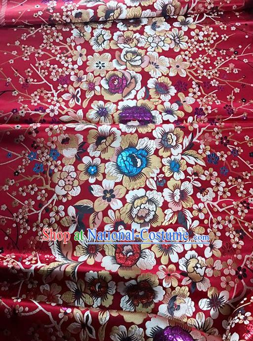 Asian Chinese Dress Wine Red Satin Classical Rich Flowers Pattern Design Red Brocade Fabric Traditional Drapery Silk Material