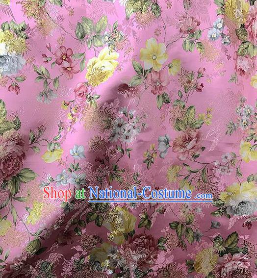 Asian Chinese Cheongsam Pink Satin Classical Chrysanthemum Pattern Design Brocade Fabric Traditional Drapery Silk Material