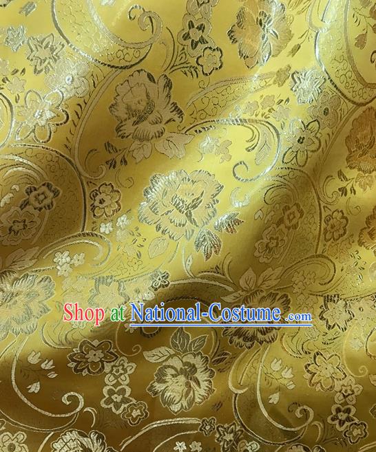 Asian Chinese Cheongsam Golden Satin Classical Peony Pattern Design Brocade Fabric Traditional Drapery Silk Material