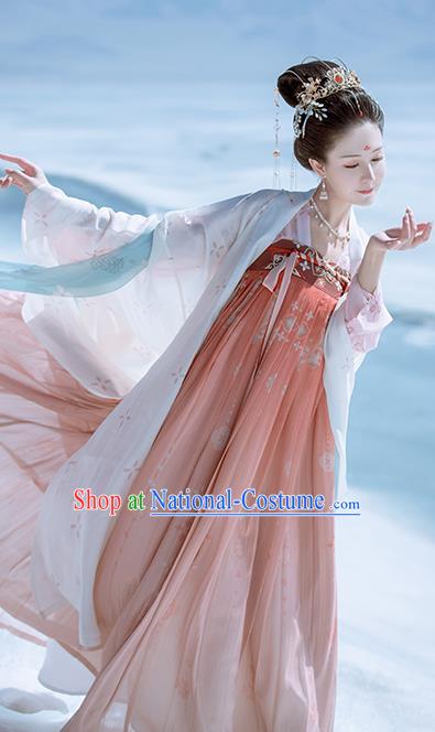 Traditional Chinese Ancient Peri Embroidered Historical Costume Tang Dynasty Imperial Consort Hanfu Dress for Women