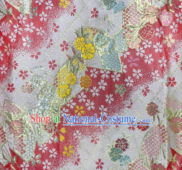 Asian Japanese Kimono Fabric Classical Fan Pattern Design Pink Brocade Traditional Drapery Silk Material